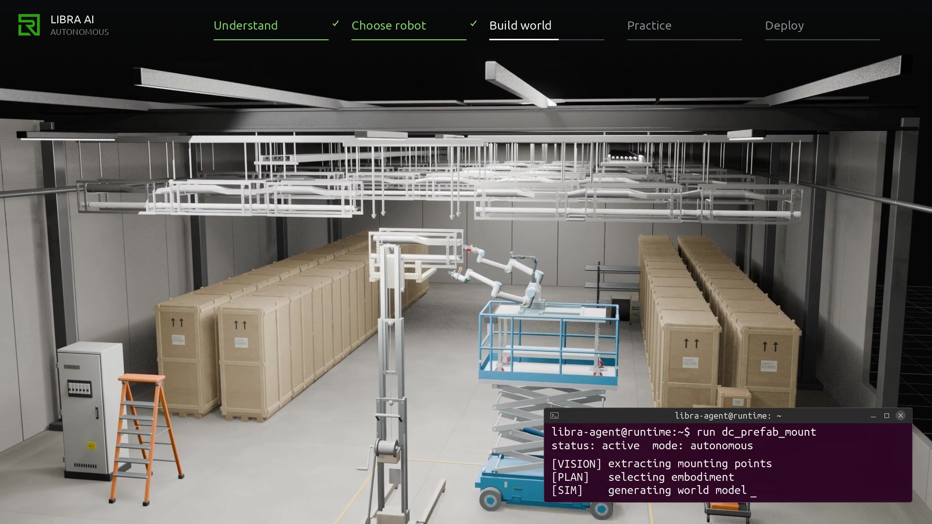 Data center simulation showing a dual-arm scissor-lift robot and material lift supporting a multi-trade rack